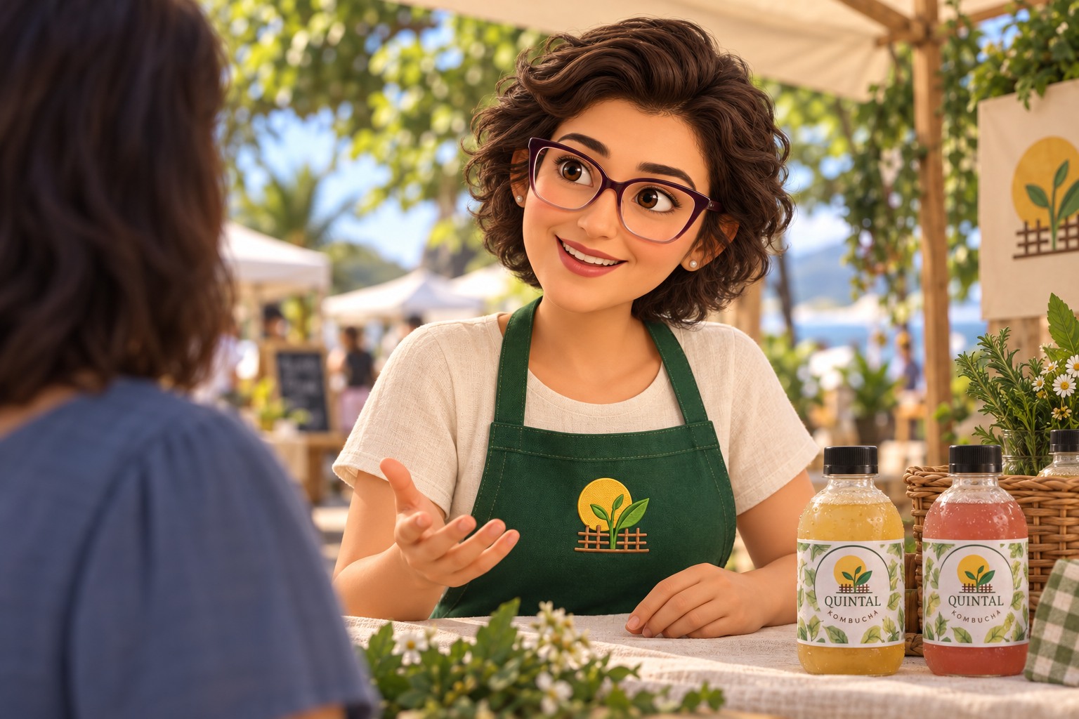 Ilustração da Miri sorrindo e conversando com uma visitante diante da banca do Quintal, em um gesto de acolhimento