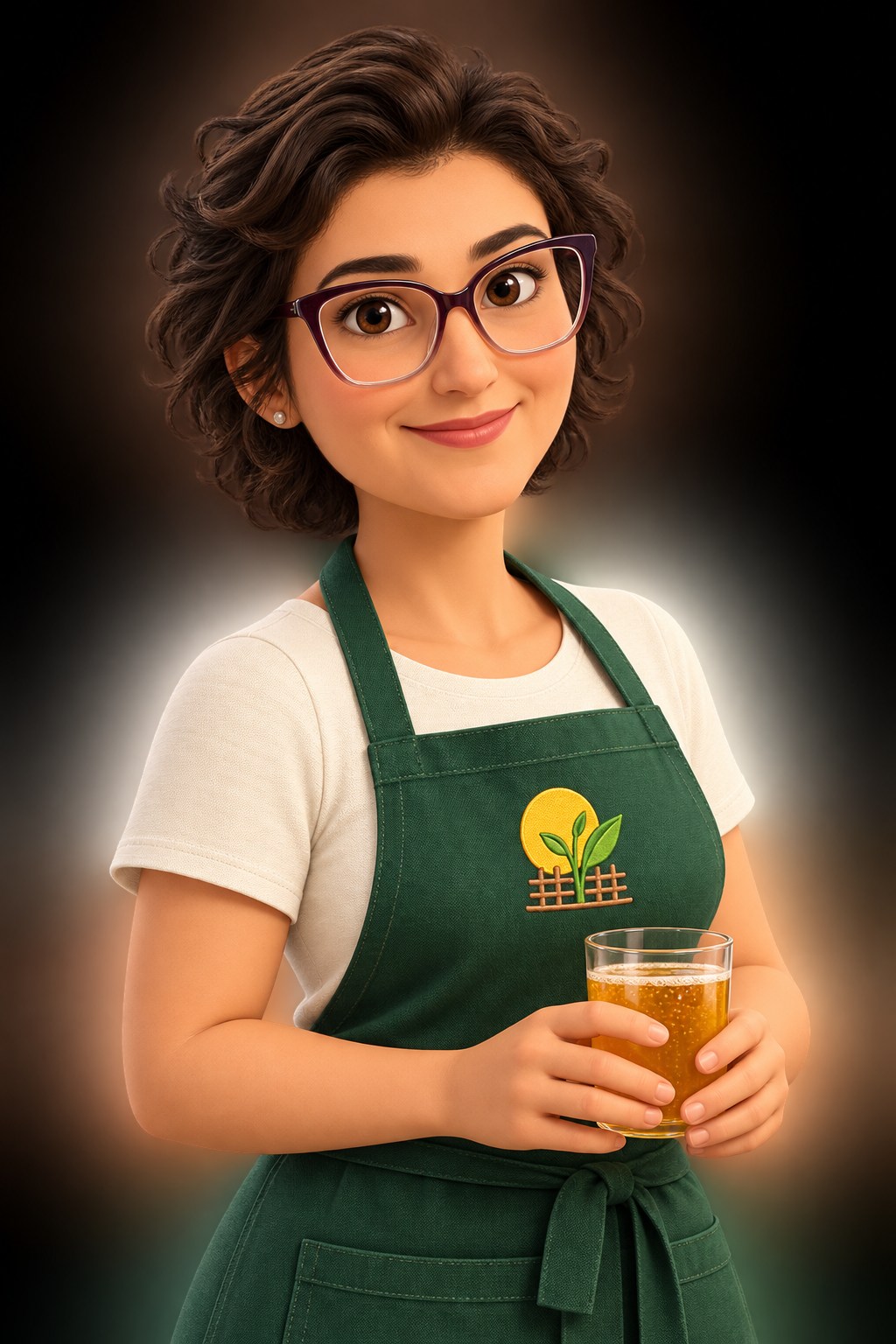 Avatar ilustrado da Miri, de óculos e avental verde, segurando uma kombucha