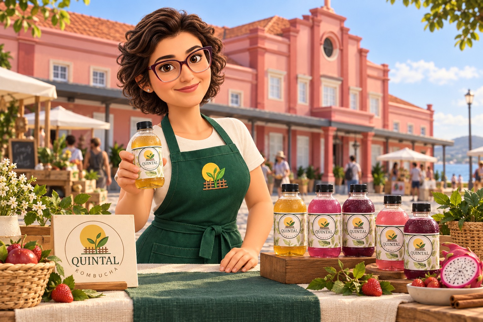 Ilustração da Miri apresentando uma garrafa do Quintal em sua banca, com o Mercado Público rosado de Laguna ao fundo