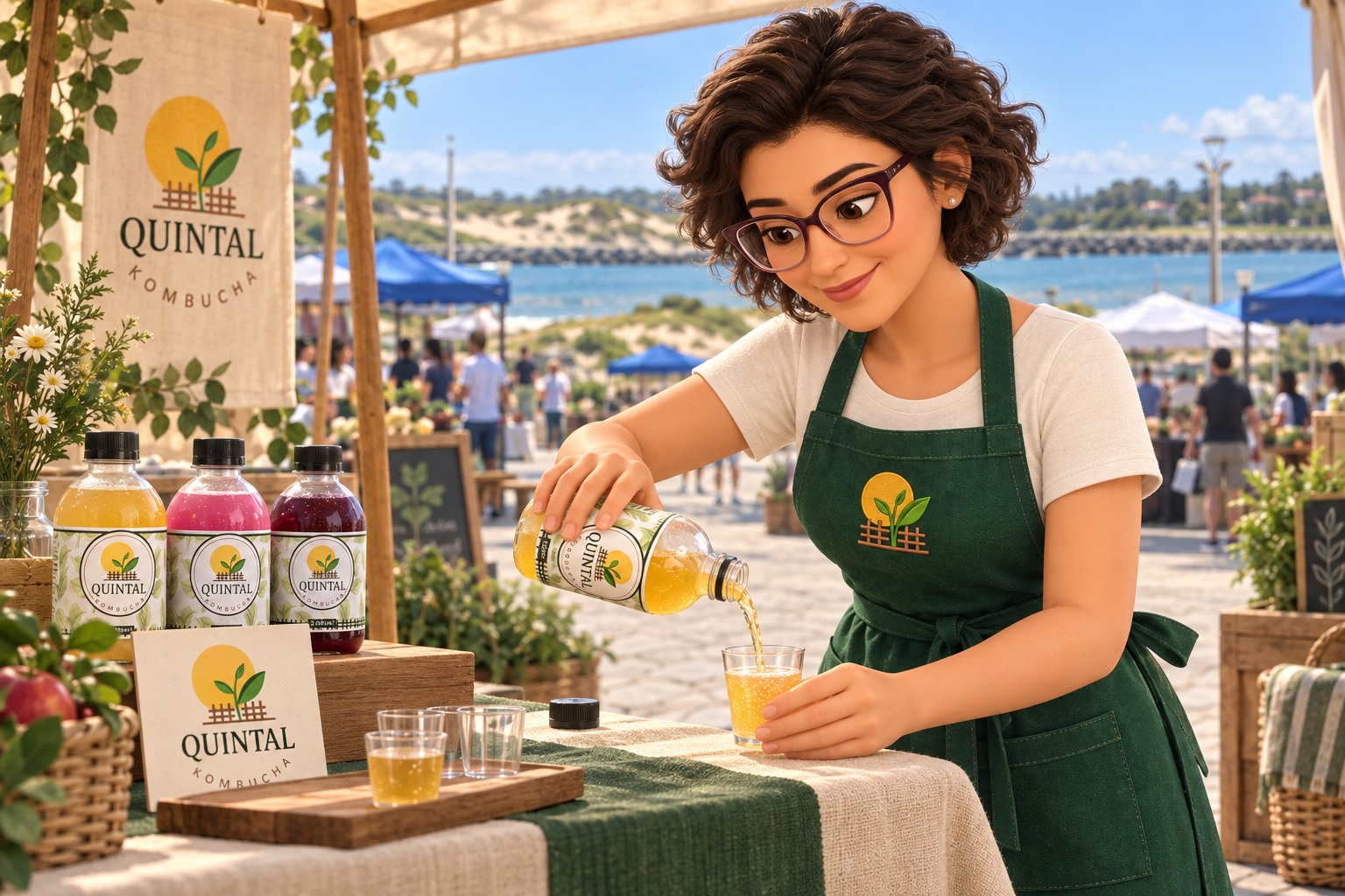 Ilustração da Miri inclinada sobre a banca enquanto serve kombucha, com uma feira e o canal do Mar Grosso ao fundo
