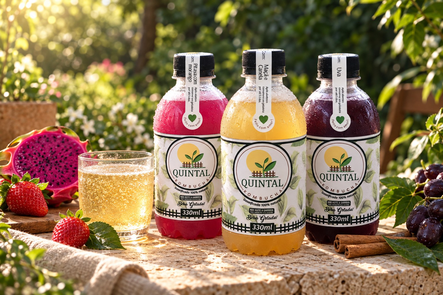 Composição ilustrativa com kombuchas Quintal de pitaya com morango, maçã com canela e uva, frutas e um copo de kombucha em um jardim ensolarado